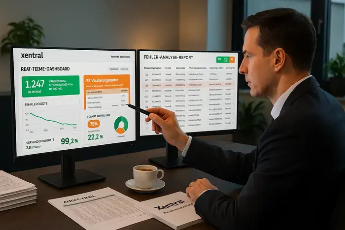 Controller überwacht E-Rechnung-Kennzahlen auf Doppel-Monitor mit Validierungsergebnissen, Fehlerberichten und Dashboard-Metriken zu erfolgreichen Rechnungsvorgängen.