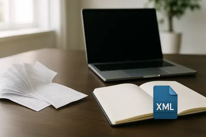 Laptop mit Rechnungsdokumenten und XML-Symbol auf Schreibtisch in moderner Büroumgebung