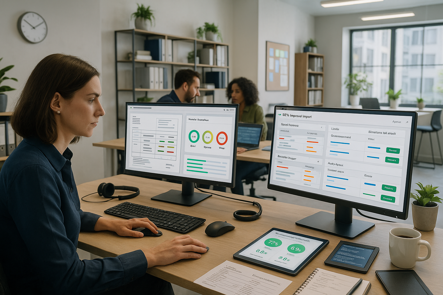 Mitarbeiterin arbeitet im Büro an zwei Monitoren mit Prozess- und KPI-Dashboards, auf dem Schreibtisch liegen Tablet, Smartphone und Unterlagen zur Auswertung.