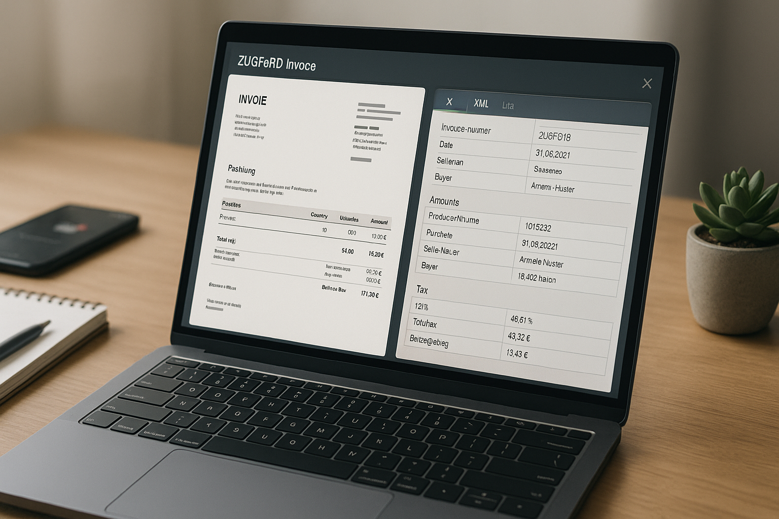 Fotorealistisches Büroszenario mit zwei Bildschirmen, auf denen ein Purchase-to-Pay-Workflow mit ZUGFeRD-Rechnung, ERP-System und automatischer Datenübernahme dargestellt wird, umgeben von Diagrammen und Dokumentenstapeln