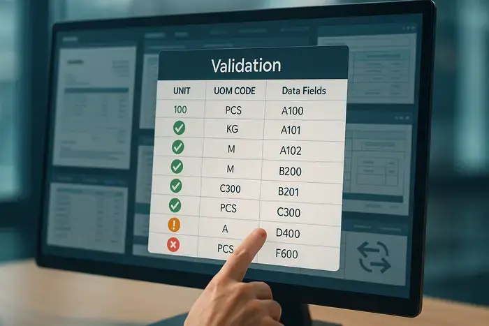Detailaufnahme eines Computerbildschirms mit Validierungstabellen und Mengeneinheiten-Codes, grüne Häkchen für validierte Einheiten, orange Warnungen für Überprüfungen erforderlich