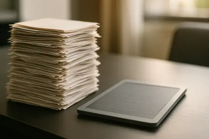 Gestapelter Papierstapel auf linker Seite, digitale Oberfläche auf rechter Seite, klare räumliche Trennung auf Schreibtisch