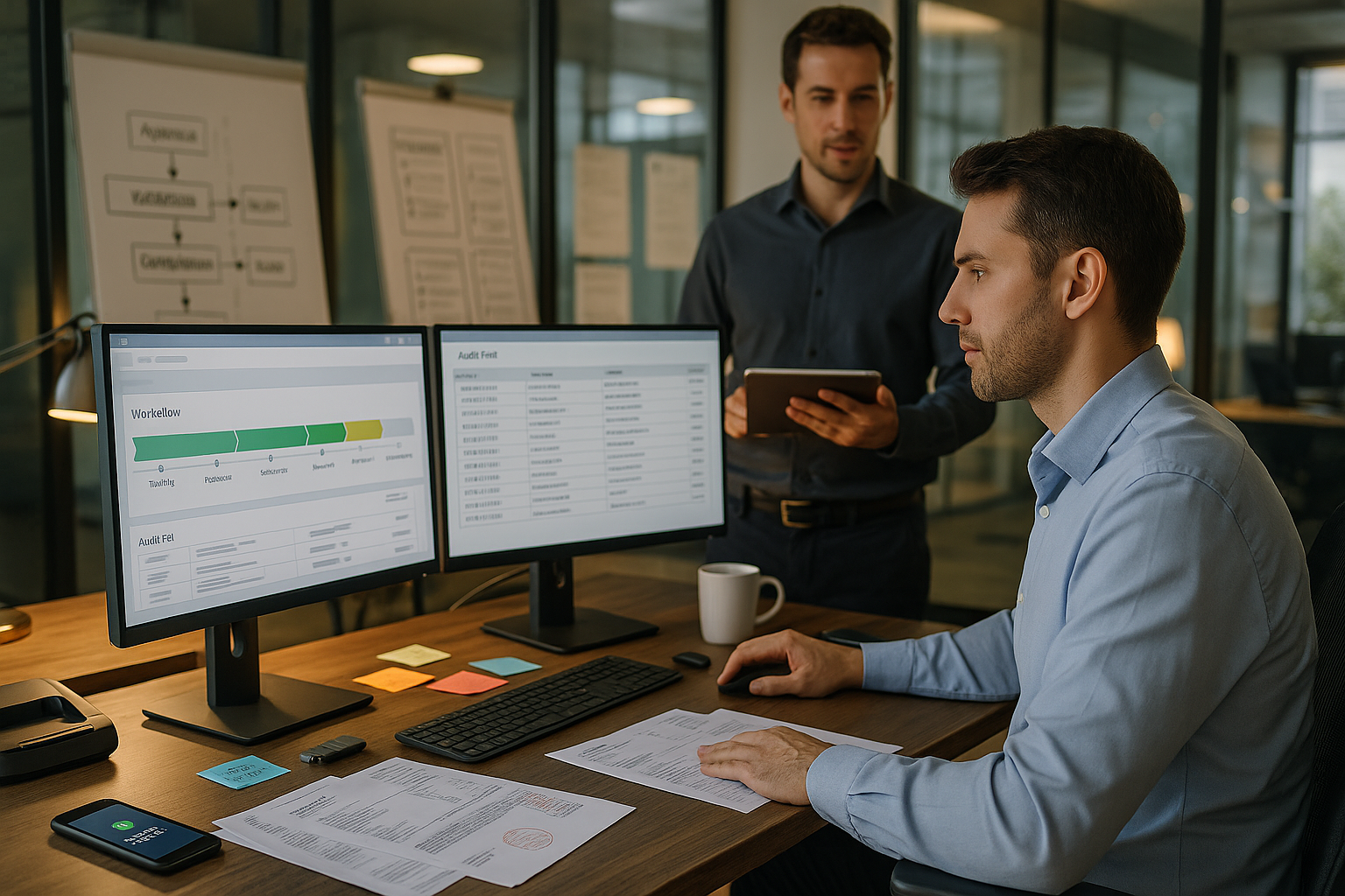Mitarbeiter prüft am Schreibtisch einen Workflow und ein Audit-Log auf zwei Monitoren; Kollege steht daneben mit Tablet und unterstützt bei der Kontrolle.