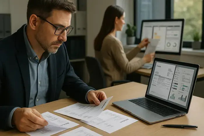 Finanzleiter prüft verschiedene Rechnungsformate und archiviert automatisch erstellte E-Rechnungen im strukturierten Dokumentenmanagement-System.