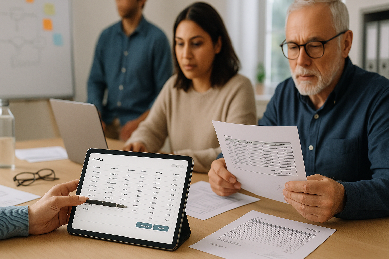 Zwei Mitarbeiter eines Vereins sitzen an einem hellen Holztisch in einem modernen Büro, vor ihnen liegt ein aufgeklapptes Tablet mit digitaler Rechnungsfreigabe-Oberfläche und strukturierten Belegdaten, eine Hand zeigt auf eine Zeile, daneben liegen Papierdokumente mit Tabellen, ein Laptop mit Buchhaltungssoftware, Smartphone, Wasserflasche und Lesebrille, im Hintergrund unscharf ein Whiteboard mit Workflow-Diagramm, natürliches Tageslicht durch großes Fenster, kollegiale und fokussierte Arbeitsatmosphäre