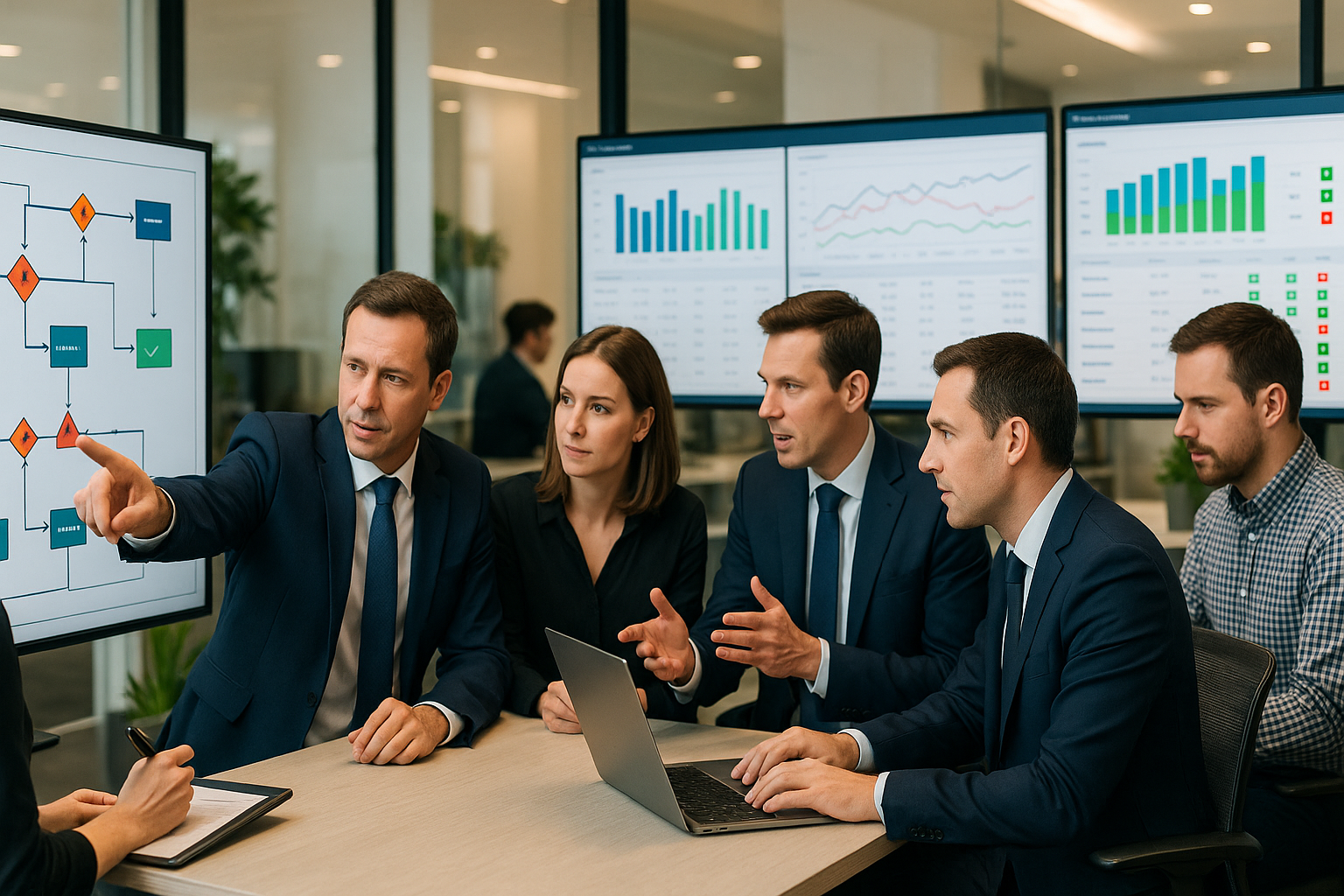 Team aus Finance-Experten in Business-Kleidung und IT-Spezialisten vor mehreren großen Monitoren mit farbigen Dashboards, KPI-Diagrammen, Balkendiagrammen und Trendkurven, im Vordergrund großer Bildschirm mit detailliertem Prozessflussdiagramm und Workflow-Symbolen, Teilnehmer zeigen auf Bildschirme und arbeiten an Laptops, helles modernes Büro mit Pflanzen und Glaswänden