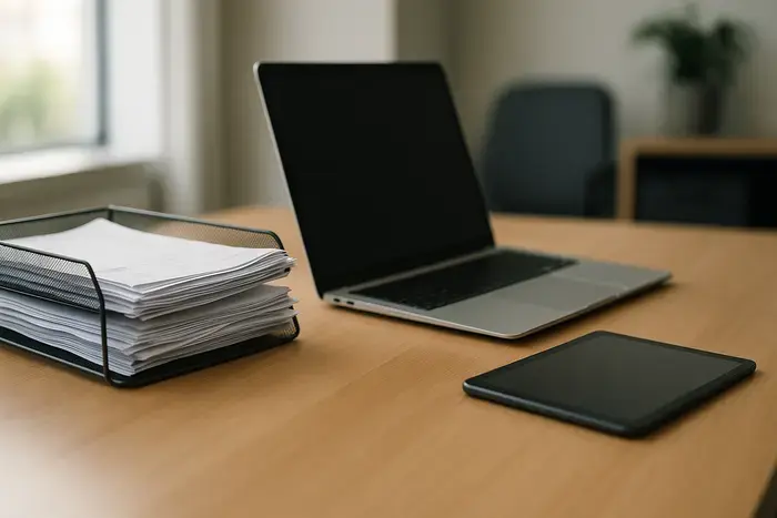 Arbeitsbereich mit organisierten Papierrechnungen in Dokumentenablage neben MacBook Air und Tablet, zeigt Übergang von Papier zur digitalen Verarbeitung
