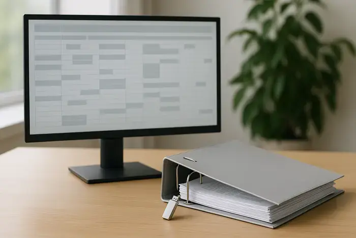 Schreibtisch mit Monitor, Ordner und USB-Stick, digitale Rechnungsarchivierung symbolisiert