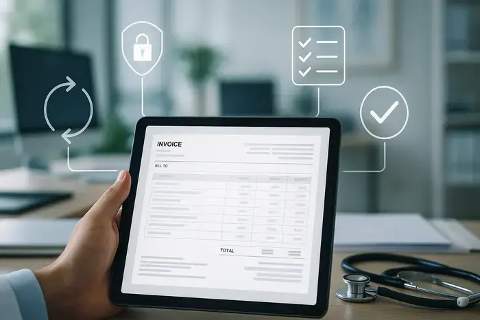 Bildschirm mit strukturiertem E-Rechnungsformat, digitalen Workflow-Symbolen, Checkmarks und Prozessvisualisierungen in moderner Praxisumgebung