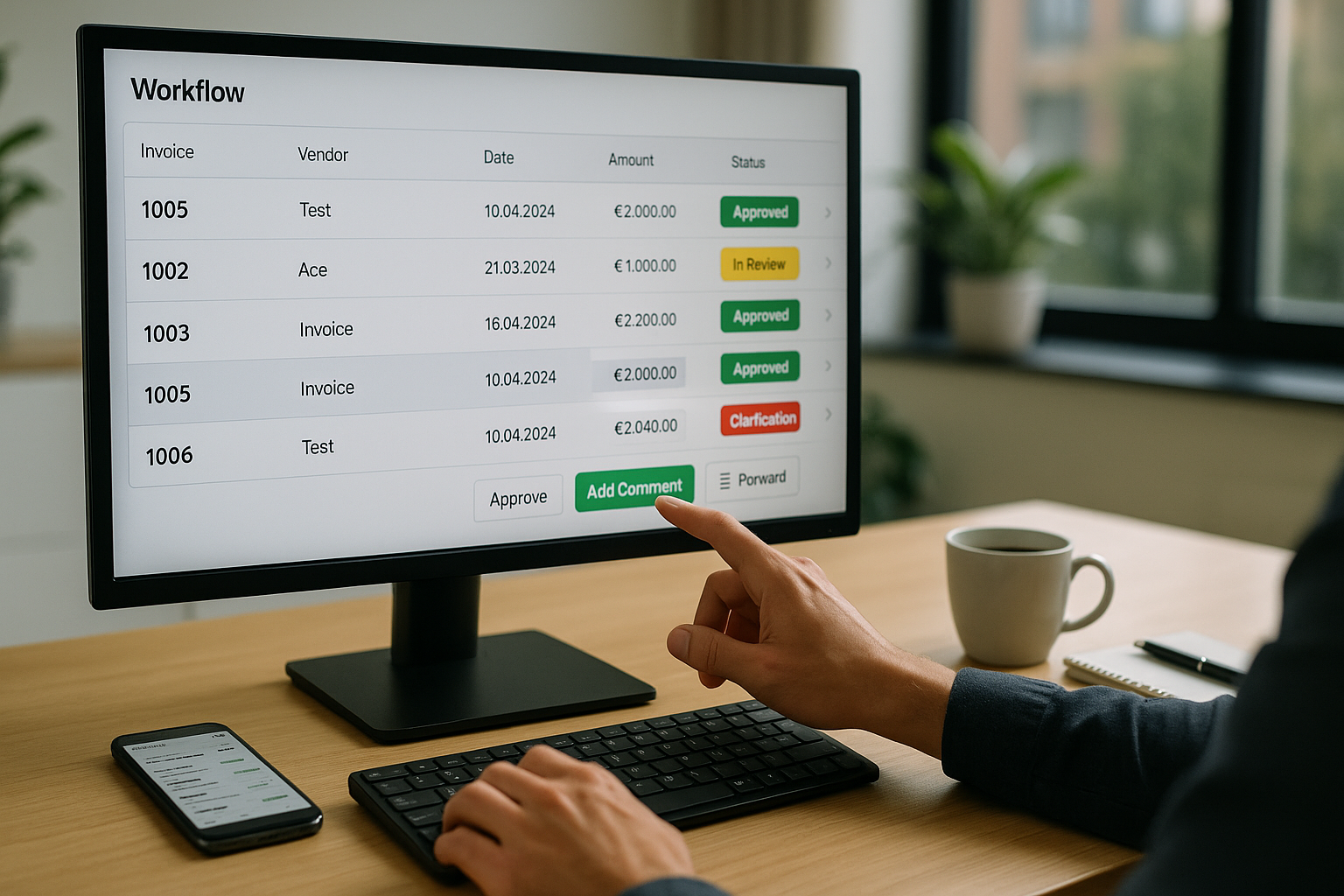 Nahaufnahme eines Computerbildschirms mit digitalem Workflow-Interface, Rechnungen in verschiedenen Freigabestatus mit farbigen Statusanzeigen grün gelb rot, Genehmigungsbuttons sichtbar, Hände auf Tastatur, heller moderner Arbeitsplatz, realistische Darstellung im Querformat