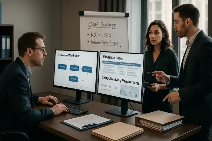Finance Team und IT-Mitarbeiter arbeiten vor mehreren Monitoren an Rechnungsvalidierungsprozessen, Compliance-Checkpoints und Community-Portal mit Referenzprojekten und dokumentierten Lösungen.