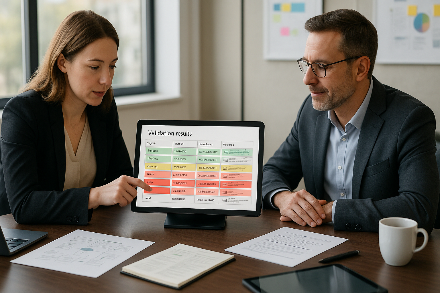 Zwei professionell gekleidete Fachkräfte sitzen an einem modernen Besprechungstisch aus dunklem Holz, zwischen ihnen steht ein großer Monitor mit detailliertem Validierungsprotokoll in Tabellenform mit grünen gelben und roten Statusmarkierungen, die Frau zeigt mit dem Finger auf eine Zeile, der Mann nickt zustimmend, auf dem Tisch liegen Laptops Dokumente Notizblock und Kaffeetassen, im Hintergrund große Fenster mit Tageslicht und Stadtsilhouette, an der Wand Infografiken und digitales Whiteboard mit Diagrammen, warmes Licht und sanfte Schatten, konzentrierte kooperative Arbeitsatmosphäre für Entscheider in Finance und IT