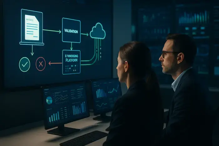 Workflow und Datenaustausch im französischen E-Invoicing-Modell mit Validierungspunkten, Plattformkommunikation und automatischer Steuermeldung