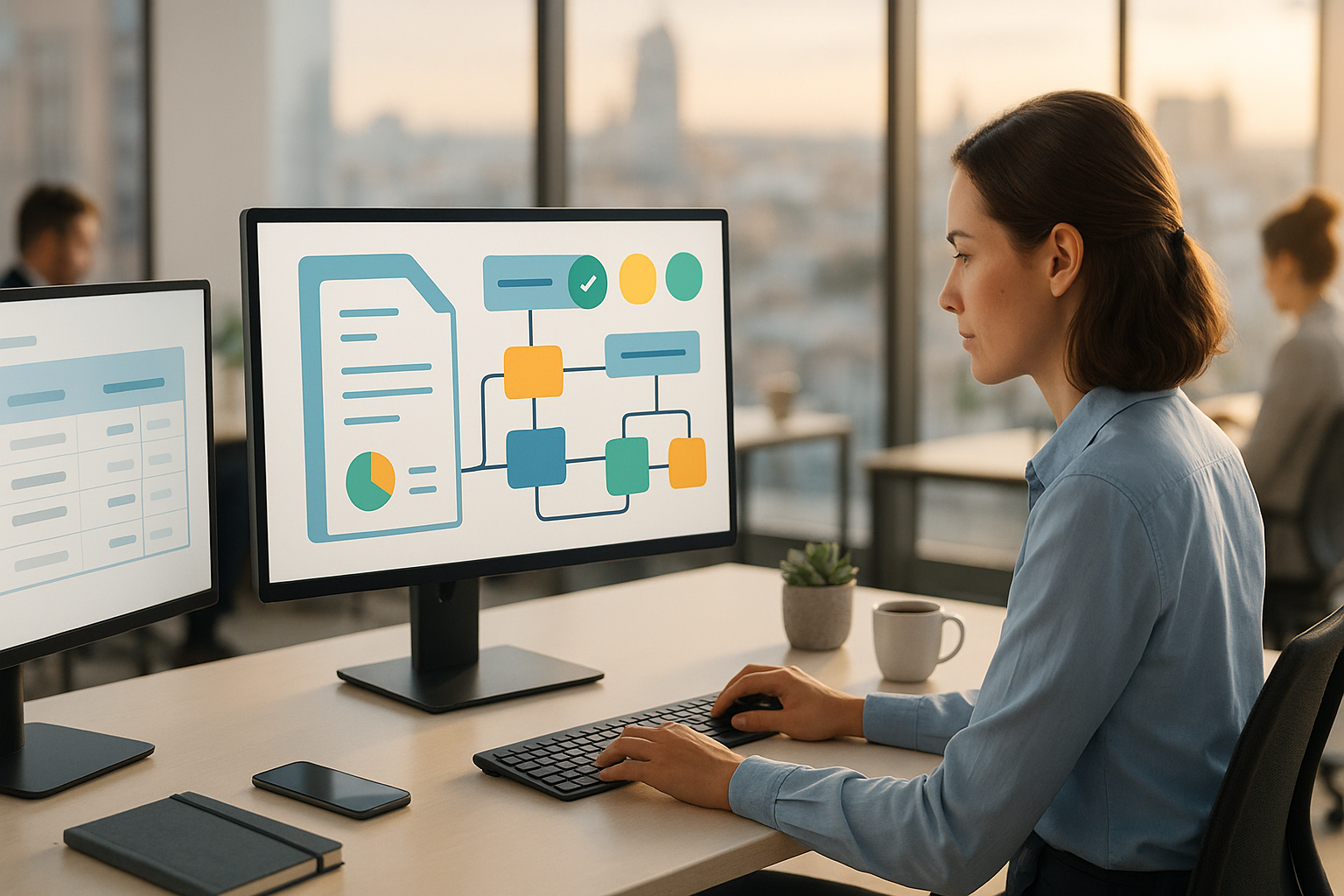 Detailansicht eines Bildschirms mit strukturierten Rechnungsdaten in UBL- oder Facturae-Format, im Hintergrund symbolische Darstellung von Statusmeldungen und Zahlungsflüssen in einem modernen digitalen Prozesssystem für B2B-E-Rechnung