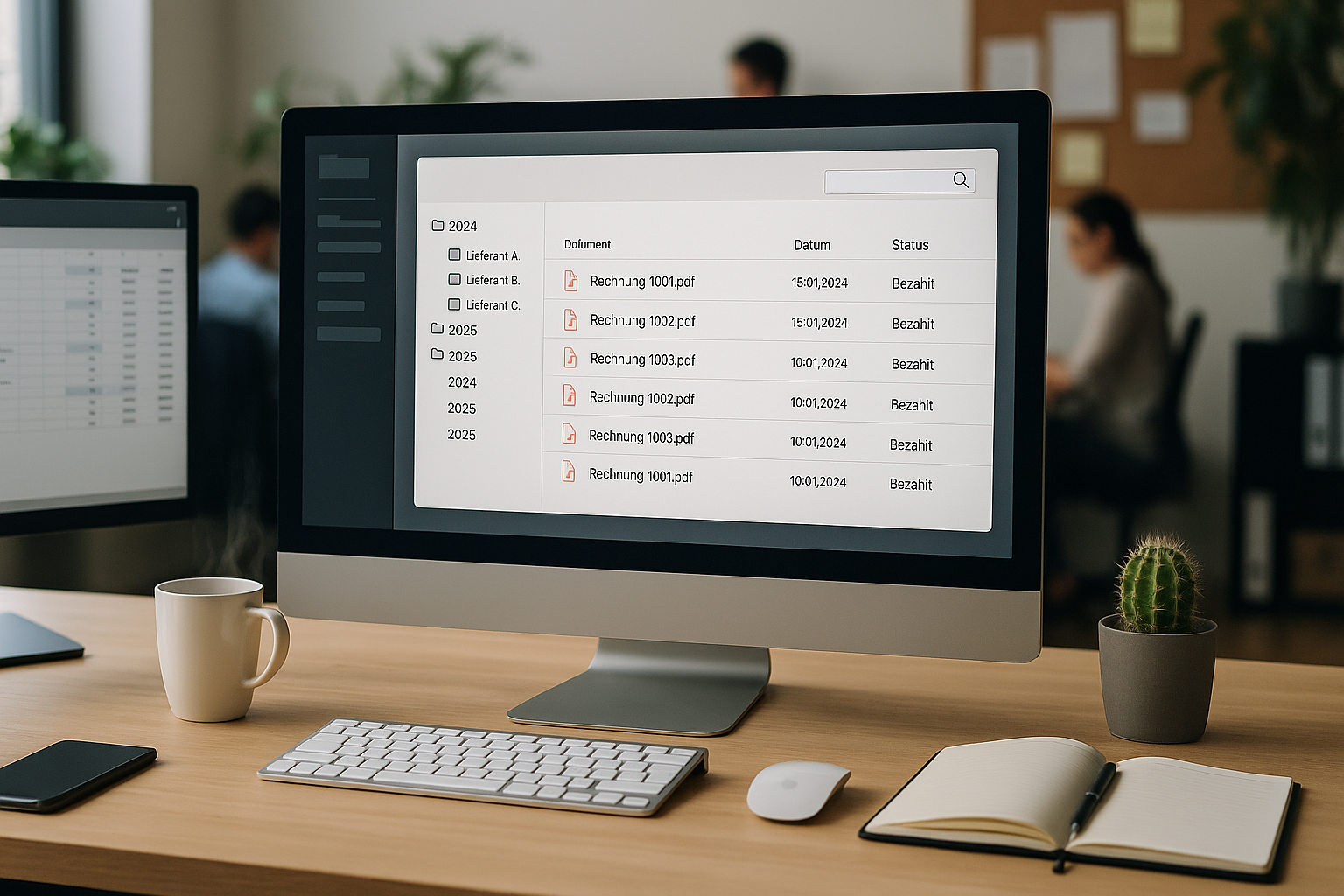 Nahaufnahme moderner Arbeitsplatz mit großem Monitor auf hellem Holzschreibtisch, Bildschirm zeigt DMS-Software-Oberfläche mit Ordnerstruktur Jahresordnern Lieferantennamen Dokumentenliste PDF-Icons Dateinamen Suchfeld Lupensymbol, Vordergrund kabellose Tastatur Computermaus Smartphone aufgeklapptes Notizbuch Stift weiße Kaffeetasse mit Dampf kleiner Kaktus grauer Keramiktopf, zweiter Monitor links angeschnitten mit Tabellenkalkulation, Hintergrund unscharf weitere Schreibtische arbeitende Personen Pinnwand Notizen Regal Ordner große Grünpflanze, sanftes Tageslicht von links großes Fenster gleichmäßige Ausleuchtung keine harten Schatten, gestaffelte Tiefe Vordergrund Schreibtisch Mittelgrund Monitor Hintergrund Büroraum, ruhig konzentriert professionell fotorealistisch modern effizient
