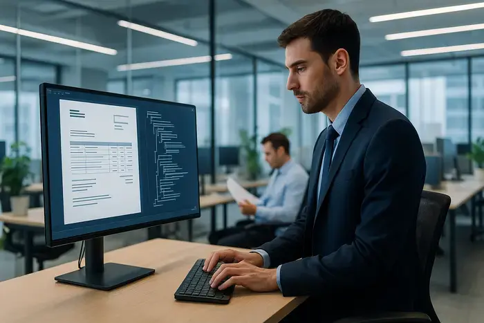 Team in modernem Büro prüft Rechnungsdaten am großen Monitor, Kollegen an verschiedenen Arbeitsplätzen mit Computern und Dokumenten.