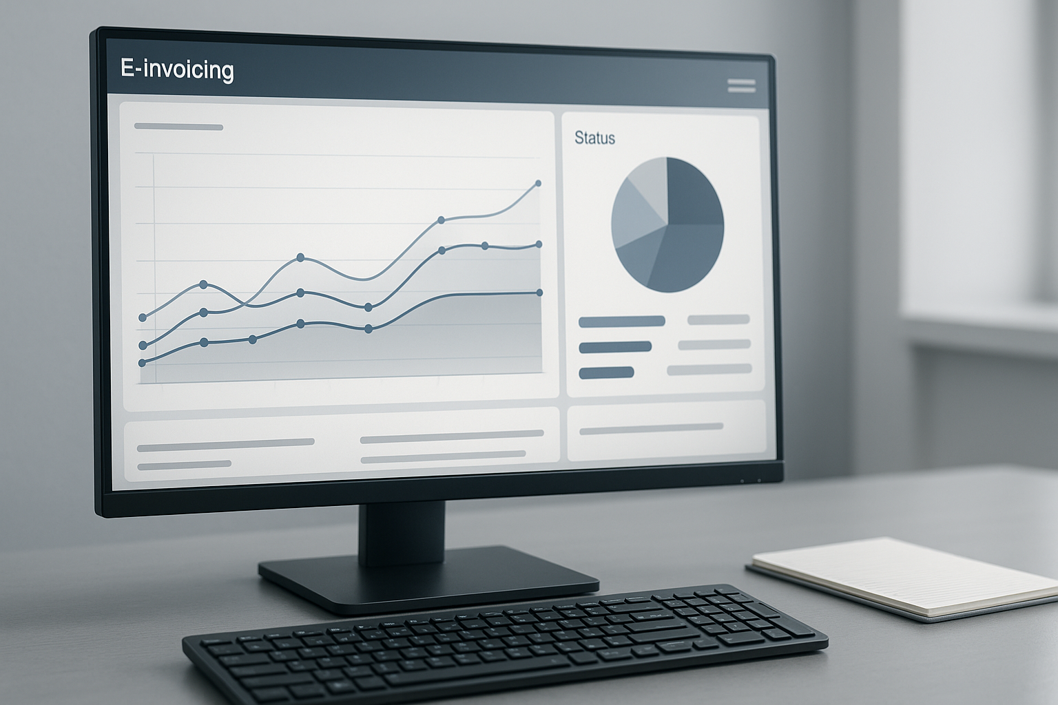 Detailansicht eines Bildschirms mit SAP Dashboard zur Überwachung von E-Rechnungsprozessen, grafische Darstellungen von Durchlaufzeiten und Status, Büroumgebung mit Tastatur und Notizblock, Querformat