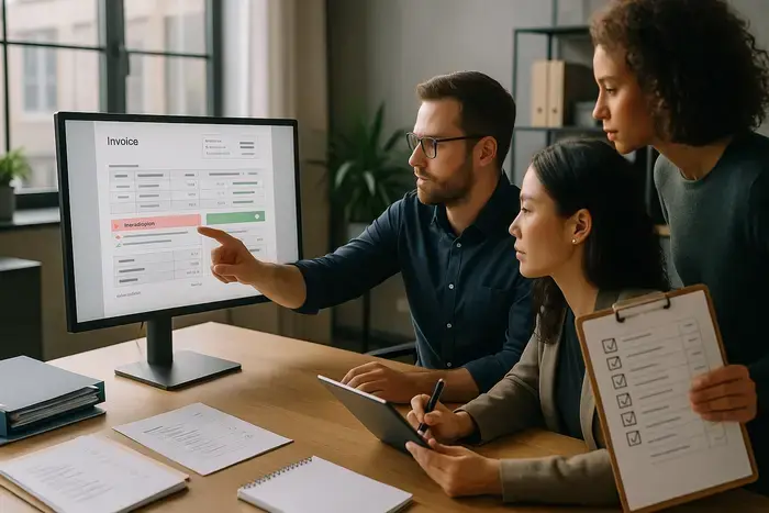 Team überprüft Rechnungsdaten und Validierungsergebnisse gemeinsam am Monitor im modernen Büro