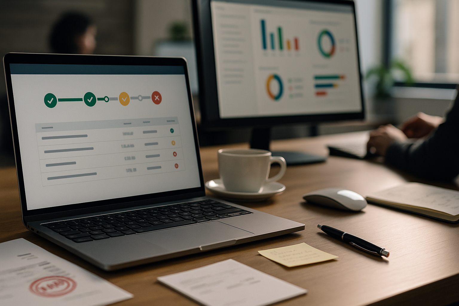 Nahaufnahme eines Arbeitsplatzes mit Laptop-Bildschirm, auf dem ein Freigabe-Workflow mit Statusanzeigen und Beträgen sichtbar ist, daneben liegt eine gedruckte Rechnung mit rotem Prüfstempel, Kugelschreiber, gelber Klebezettel, Kaffeetasse und Computermaus, natürliches Seitenlicht, professionelle Büroumgebung