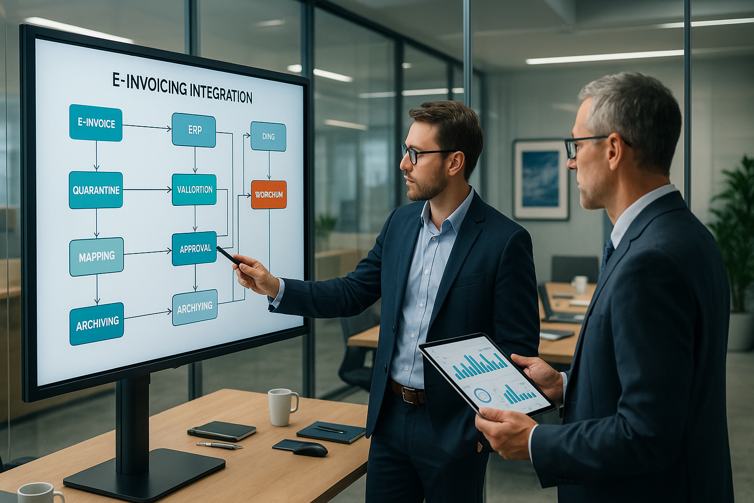 IT-Leiter und Finance-Manager stehen vor großem interaktiven Bildschirm in gläsernem Konferenzraum und analysieren gemeinsam Prozessdiagramm mit strukturierten Datenflüssen Validierungslogik und Systemboxen, im Vordergrund Konferenztisch mit Laptop Tablet Smartphone Notizbuch Stiften und Kaffeetassen, natürliches Tageslicht durch Glaswände, professionelle kollaborative Arbeitsatmosphäre