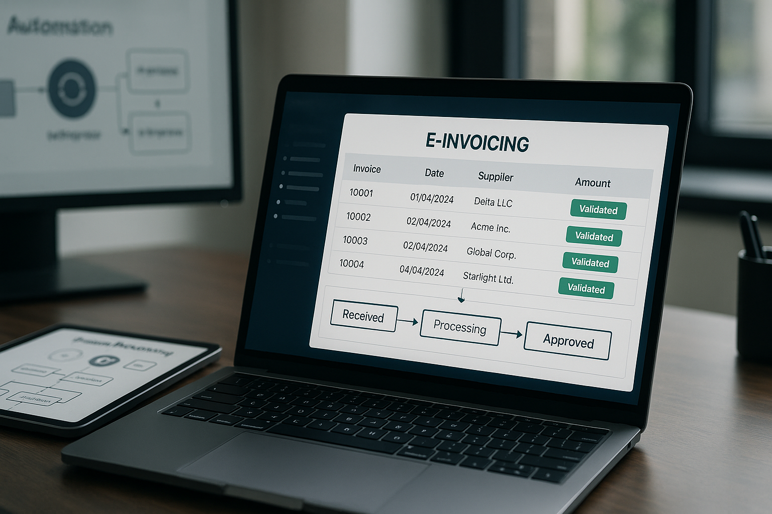 Detailansicht eines modernen Arbeitsplatzes mit Laptop und Tablet, auf dem Bildschirm eine strukturierte Übersicht zur Rechnungsprüfung mit Checkboxen, Validierungsstatus und Ablehnungsgründen sichtbar, professionelle Büroumgebung mit natürlichem Licht, konzentrierte Arbeitsatmosphäre, realistische Darstellung digitaler Prüfprozesse im Rechnungswesen