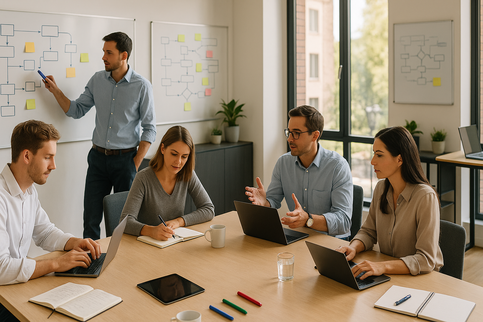 Finance-Team und IT-Kollegen arbeiten gemeinsam an Prozessoptimierung in modernem Büro, Whiteboards mit Prozessdiagrammen, Laptops auf Arbeitstischen, kollaborative Workshopatmosphäre mit Tageslicht
