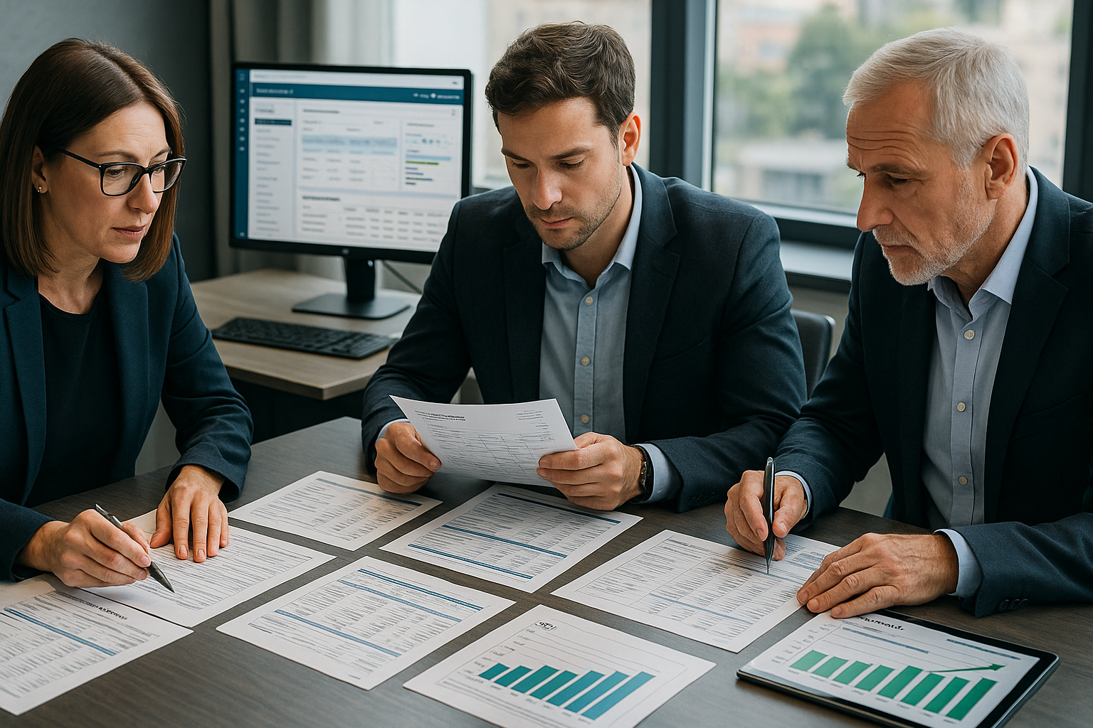Finanzprofessionelle bewerten gemeinsam E-Rechnungslösungen an modernem Konferenztisch mit Vergleichstabellen, Implementierungsplänen, Kostenkalkulationen und Erfolgsmessungsmetriken, fokussiert auf strategische Entscheidungen.