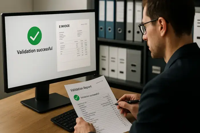 Laptop mit Validierungstool und grünem Häkchen, Audit-Protokoll und revisionssicherem Archiv-System im Hintergrund.