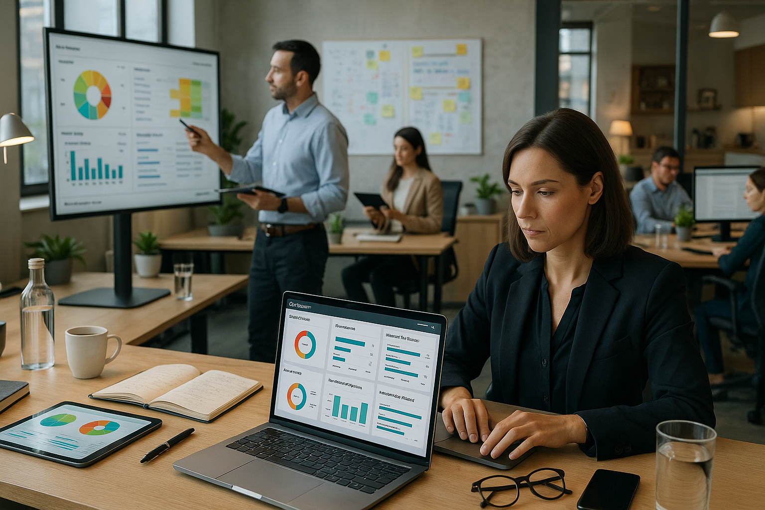 Mitarbeiterin arbeitet am Laptop an einem KPI-Dashboard, während im Hintergrund ein Kollege Kennzahlen am Bildschirm präsentiert und das Team im Büro die nächsten Schritte abstimmt.