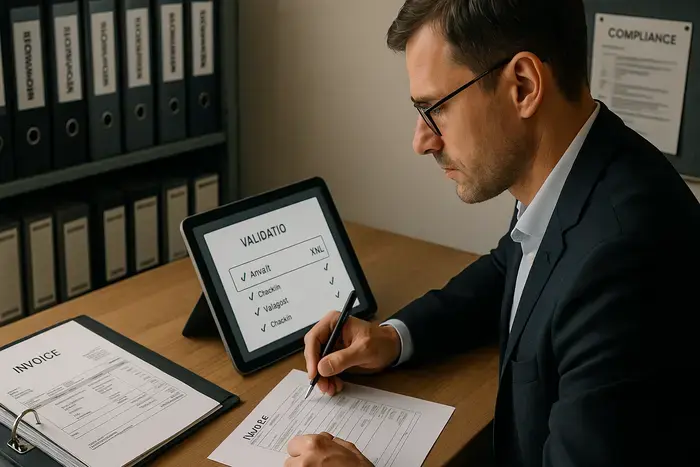 Finanzfachmann validiert ZUGFeRD-Rechnungen mit Checkliste, prüft XML-Anhang und archiviert Dokumente revisionssicher.