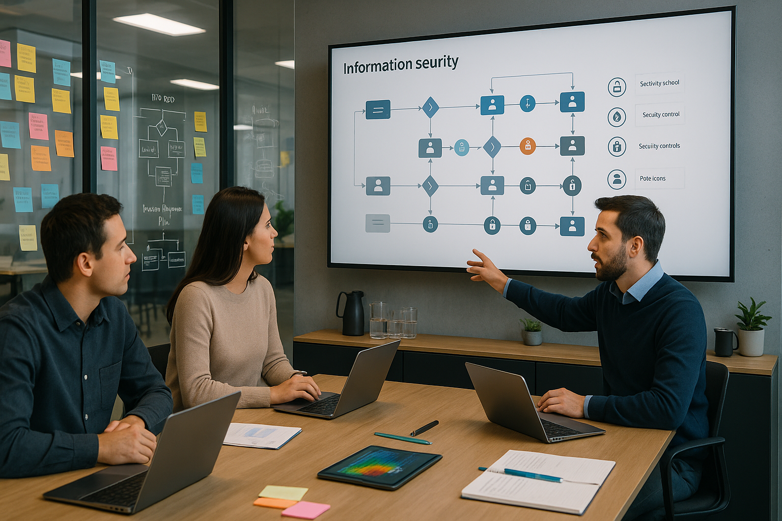 Teammeeting in modernem Konferenzraum mit Glaswänden, großer Monitor zeigt Prozessdiagramm mit Freigabeketten und Sicherheitskontrollen, drei Personen in Business-Casual-Kleidung im Gespräch, eine Person zeigt auf Bildschirm, Post-its mit Workflow-Skizzen an Glaswänden, auf Konferenztisch Laptops und Notizblöcke, professionelle Beleuchtung durch Deckenpanels, weiches Tageslicht von der Seite, Sideboard mit Wassergläsern und Kaffeekanne