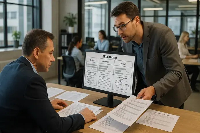 Finance-Manager vergleicht XRechnung-Anbieter mit Kostenkalkulationen und Compliance-Checklisten im Büro
