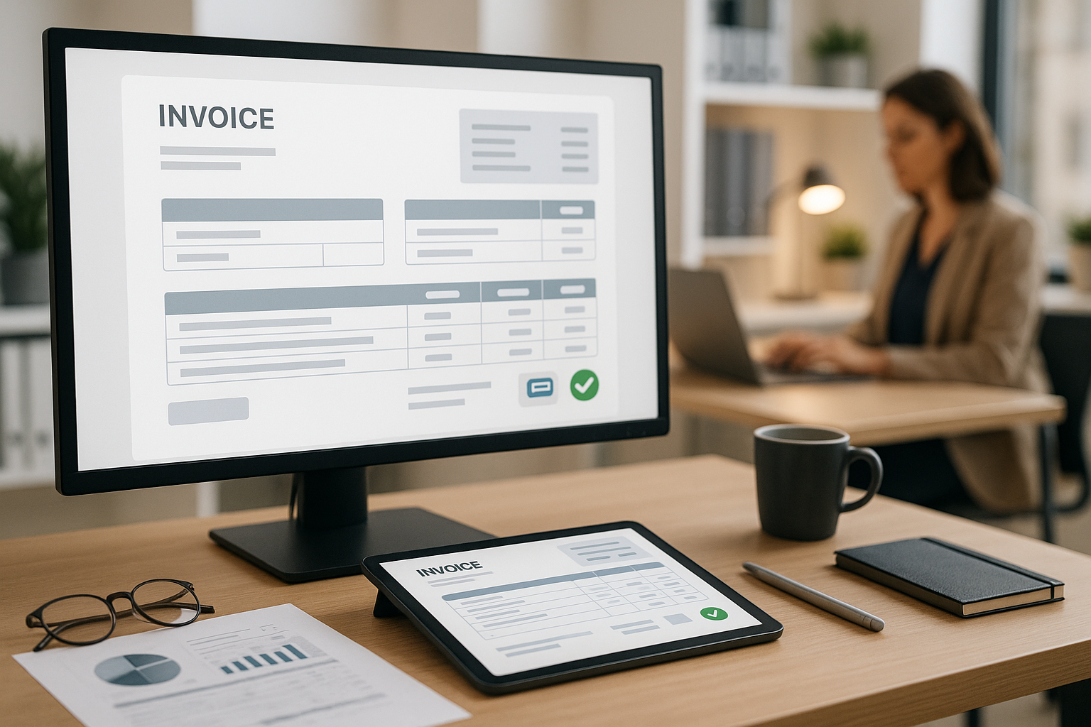 Monitor und Tablet zeigen eine digitale Rechnung mit Freigabe-Status, im Hintergrund arbeitet eine Person am Laptop am Schreibtisch.