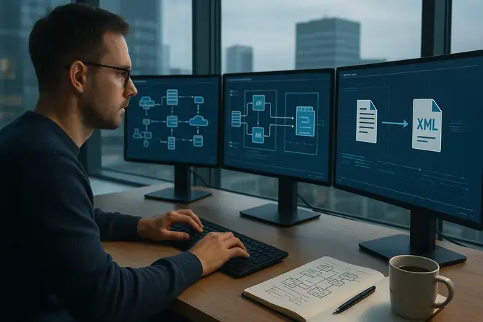 IT-Team arbeitet gemeinsam an E-Rechnungs-Validierung und Fehlerbehandlung mit XML-Prüfung auf Laptops.
