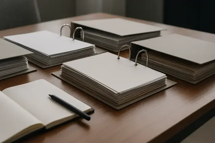 Arbeitsplatz mit mehreren Ordnern und Schreibmaterialien für professionelle Rechnungsverwaltung ohne Hände im Fokus.