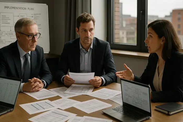 Computerbildschirm mit UBL-XML-Peppol-Rechnung, Geschäftsperson überprüft digitale Audit Trails und Archivierungskennzeichen auf Schreibtisch mit modernen Compliance-Dokumenten.
