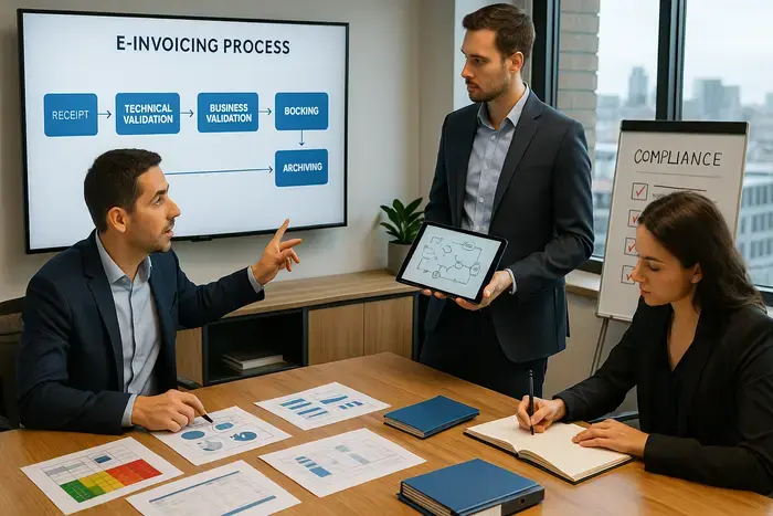 Finance-Team arbeitet zusammen an Prozessdiagramm mit Integrationsroadmap und ROI-Kalkulationsmatrix