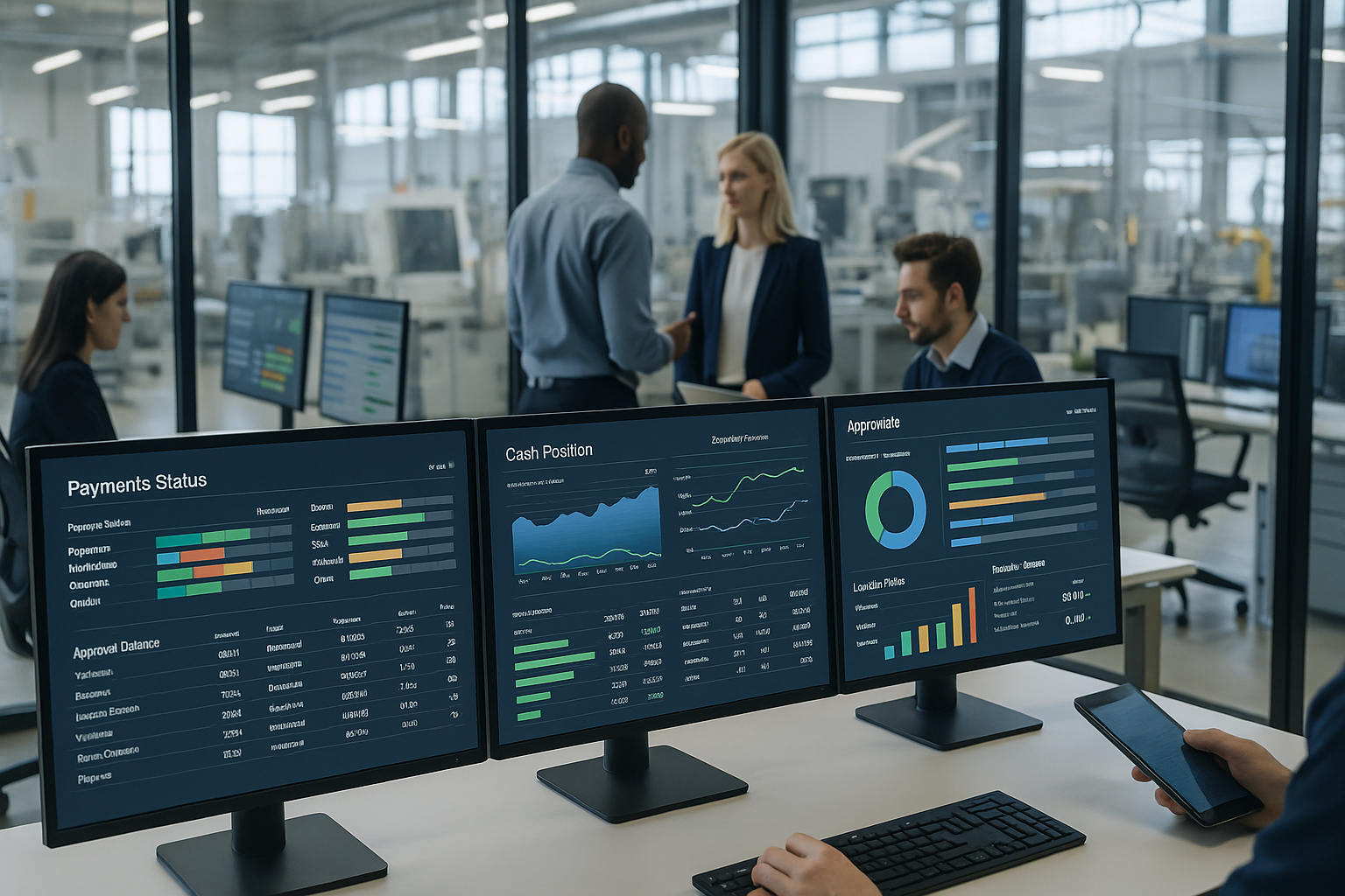 Treasury-Team vor mehreren großen Bildschirmen mit Echtzeit-Dashboards für Zahlungsstatus, Cash-Position und Freigabe-Workflows, im Vordergrund moderner Arbeitsplatz mit Laptop und Tablet, im Hintergrund Glaswände mit Blick auf produzierende Industriehalle mit Maschinen und Fertigungsanlagen, fotorealistisch, natürliche Beleuchtung, Querformat