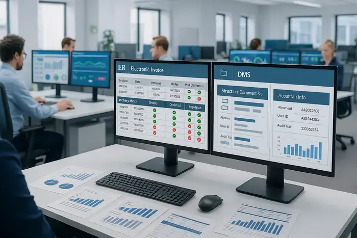 Schematische Darstellung eines automatisierten E-Rechnungs-Workflows mit Validierungs-, Freigabe- und Buchungsschritten in integrierten Softwaresystemen.