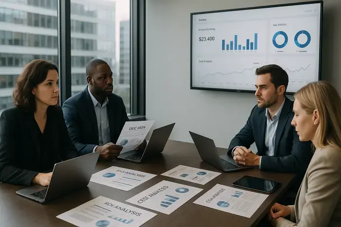 Finance-Team in modernem Besprechungsraum analysiert Kostenvergleiche und ROI-Berechnungen für Rechnungssysteme mit Dashboard und Leistungskennzahlen auf Monitor.