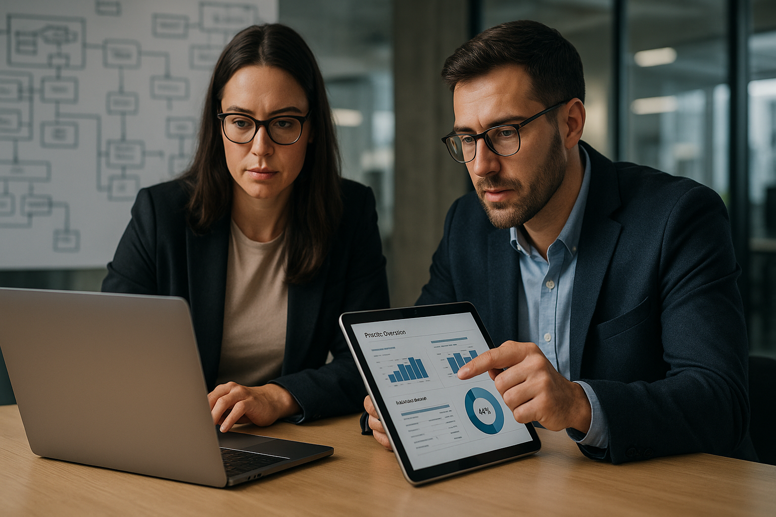 Zwei Fachleute arbeiten gemeinsam an Laptop und Tablet mit digitalen Rechnungsdaten in modernem Büro mit Diagrammen und Notizen