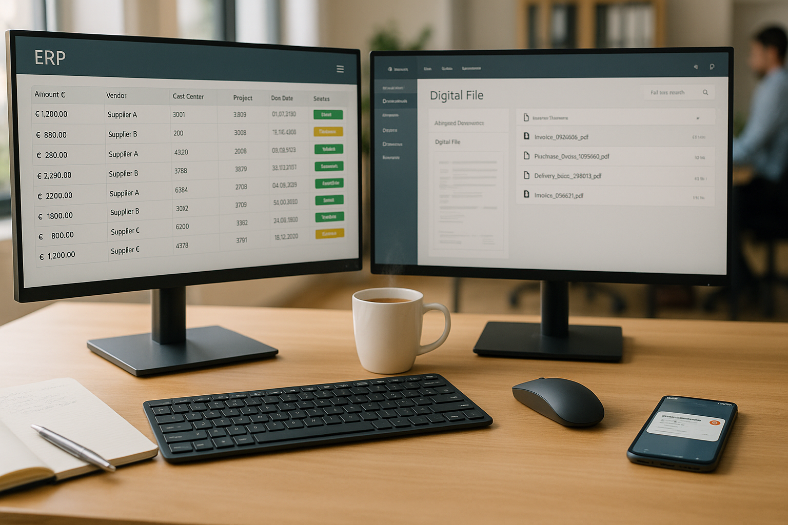Detailansicht Büroarbeitsplatz mit zwei Monitoren, linker Monitor zeigt ERP-System mit Rechnungsdaten und Tabellen, rechter Monitor zeigt Dokumentenmanagementsystem mit digitaler Akte und Belegen, Tastatur und Maus im Vordergrund, Kaffeetasse daneben