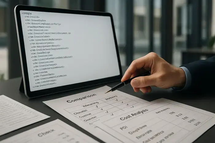 Detaillierte Analyse-Szene: Monitor zeigt strukturierte Rechnungsdaten in XML-Format, daneben Vergleichstabellen und ROI-Berechnungen mit Kennzahlen zu Liegezeiten, Fehlerquoten und Kosten pro Rechnung in bayerischem Büroumfeld.
