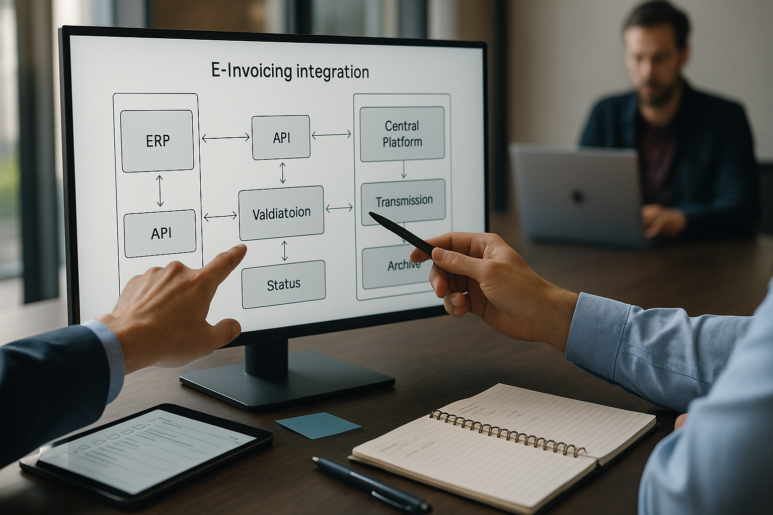 Nahaufnahme eines modernen Finanzteams, das gemeinsam Architekturoptionen für E-Invoicing-Integration diskutiert, Bildschirme mit Prozessdiagrammen, professionelle Arbeitsatmosphäre mit natürlicher Beleuchtung