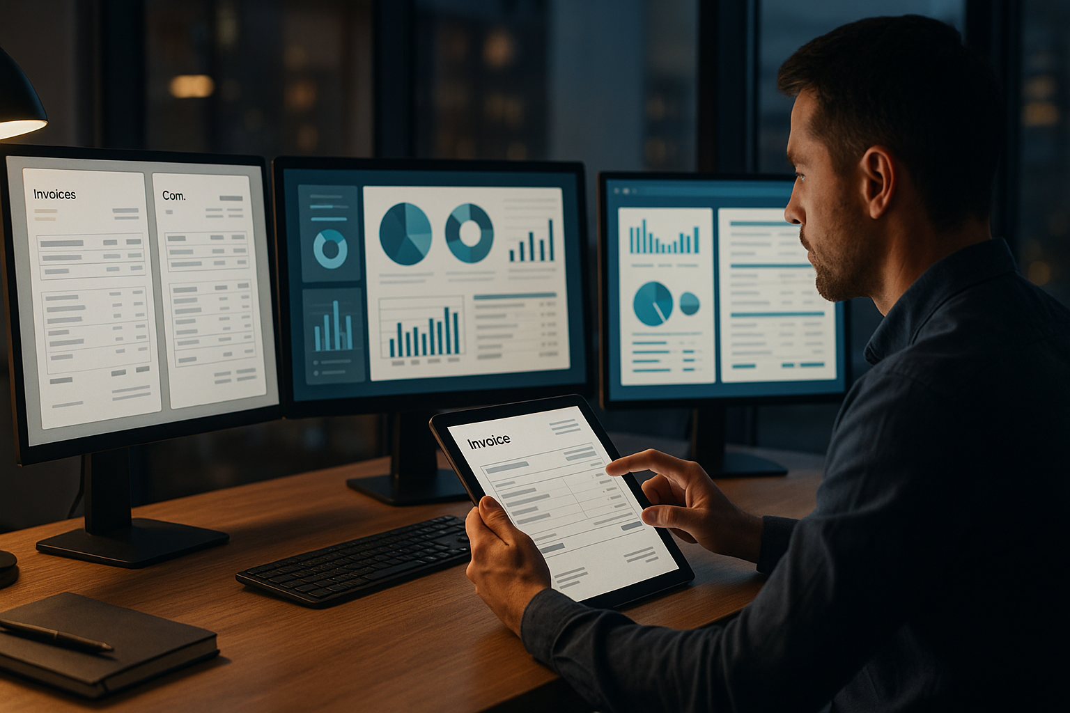 Professioneller Arbeitsplatz mit mehreren Bildschirmen, auf denen Rechnungsvergleiche, Diagramme und strukturierte Datenfelder zu sehen sind, moderne Büroumgebung, Tageslicht, fokussierte Atmosphäre