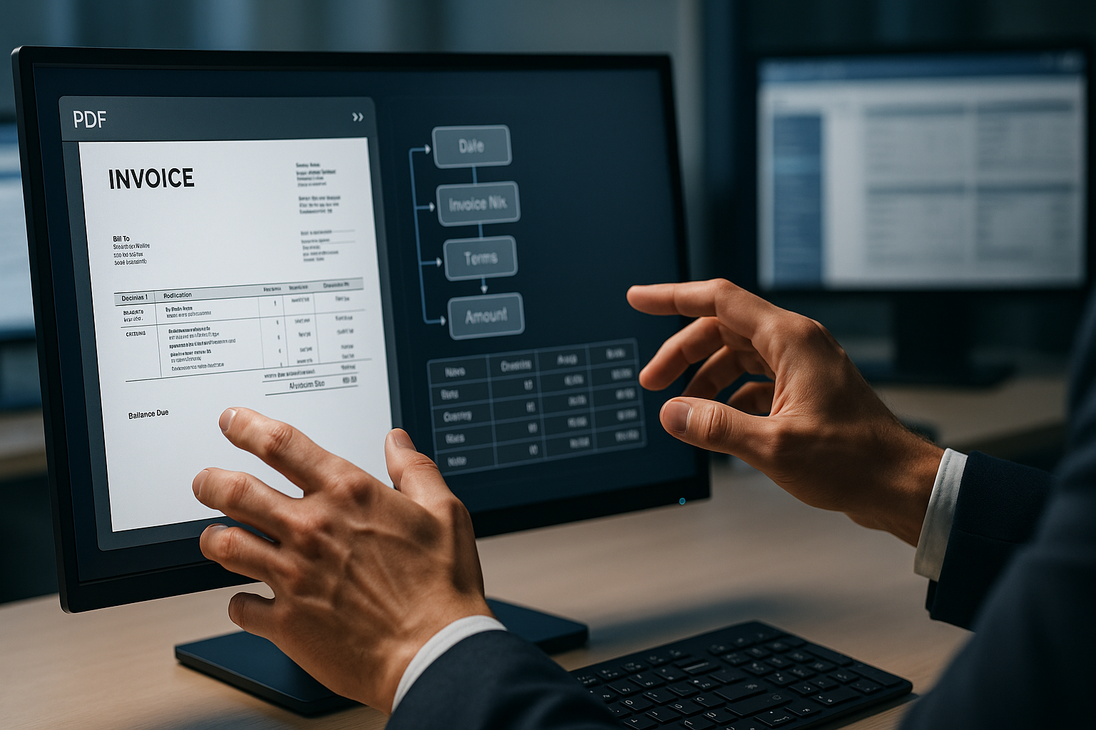 Nahaufnahme von zwei Händen über einem großen Bildschirm, links eine Rechnung im PDF-Format, rechts strukturierte XML-Daten in Diagrammen und Tabellen, im Hintergrund leicht verschwommen weitere Monitore mit ERP-Systemen und Dokumentenmanagement-Software, klare moderne Beleuchtung, konzentrierte technologieorientierte Atmosphäre