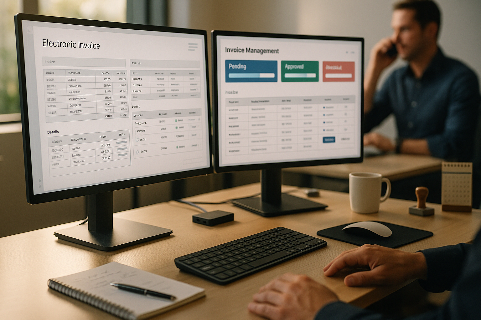 Nahaufnahme eines modernen Büroarbeitsplatzes mit zwei Bildschirmen, auf denen strukturierte E-Rechnungsdaten und Workflow-Dashboards zu sehen sind, Tastatur und Maus im Vordergrund, heller Holzschreibtisch, warmes Tageslicht von der Seite
