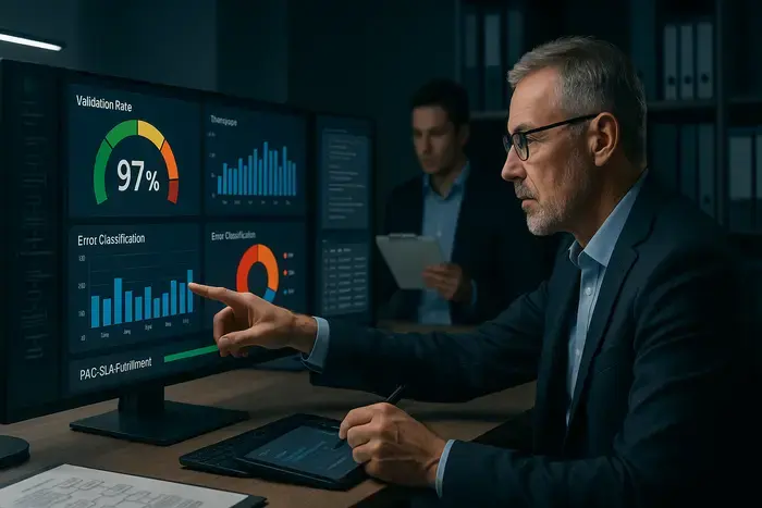 Finance-Dashboard mit Qualitätsmetriken, Fehlerraten und Governance-Struktur für E-Rechnungsprozesse, zeigt Validierungserfolgsquoten