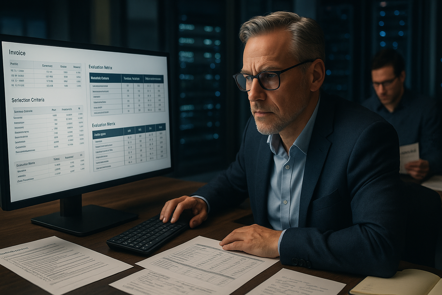 Finance-Manager analysiert Rechnungsdaten auf großem Monitor mit Vergleichstabellen, Checklisten und Datencenter im Hintergrund