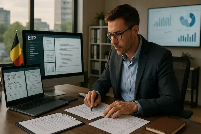 Compliance-Audit-Trail-Dokumentation, ERP-Anbindung mit technischen Schnittstellen, Rechnungsworkflows, Datenvalidierung und revisionssichere Archivierungssysteme in belgischer Unternehmensumgebung mit KPI-Messung.